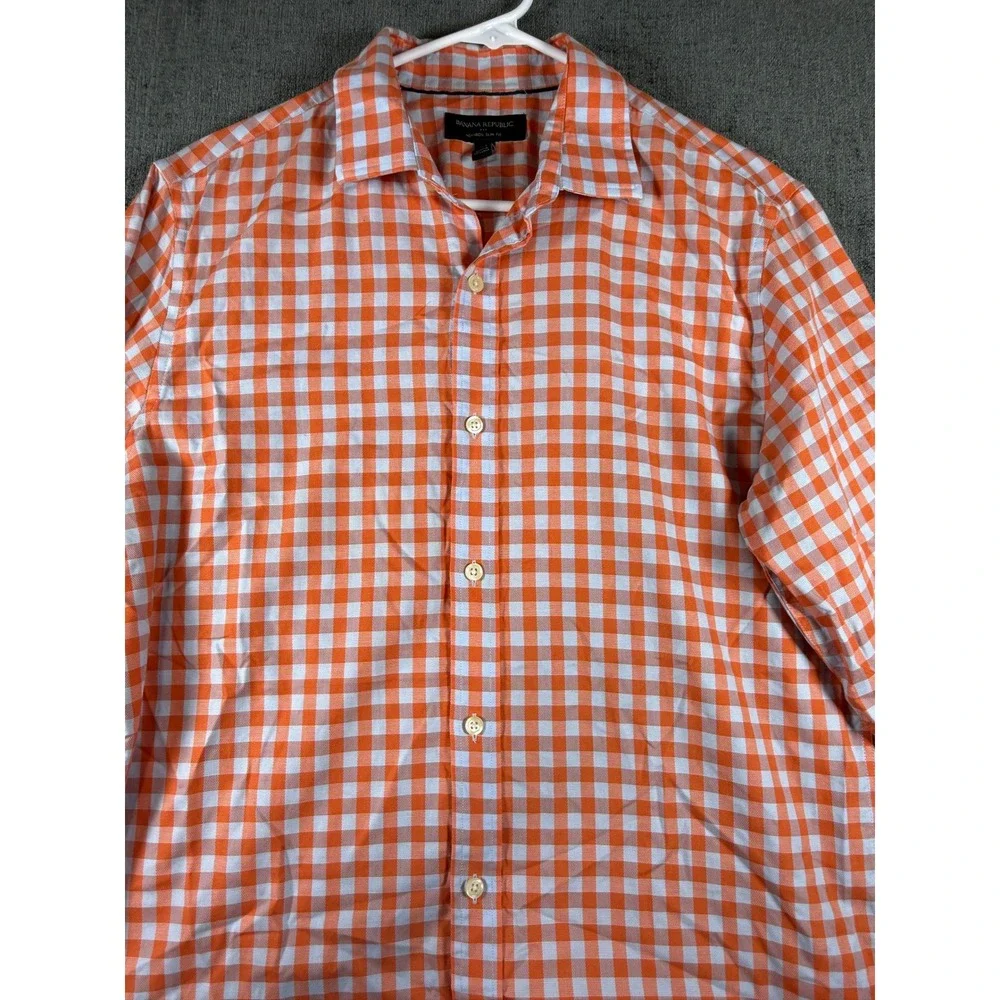 Banana Republic Mens Orange Gingham Non-Iron Slim Fit Button Down Shirt Medium